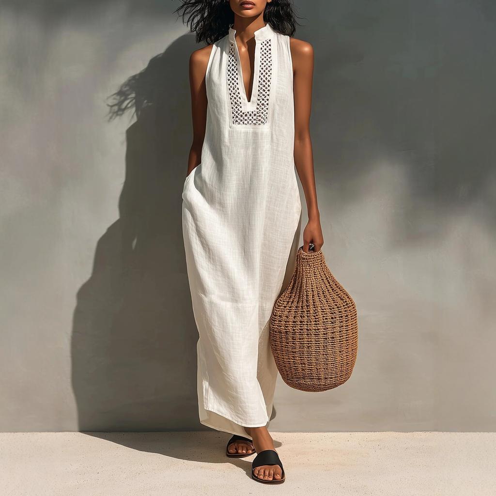 Robe Longue Sans Manches Col Montant Couleur Unie pour Femme Coupe Ample Taille Moyenne Robe Style Lin pour les Vacances