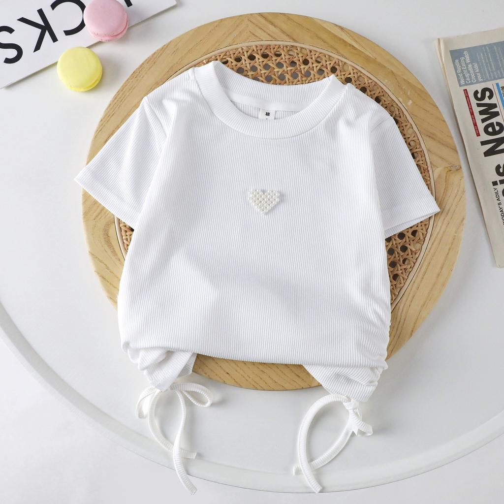 Korean Style Girls' Short-Sleeved Cotton T-Shirt with 3D Floral Design - Trendy Summer Children's Clothing