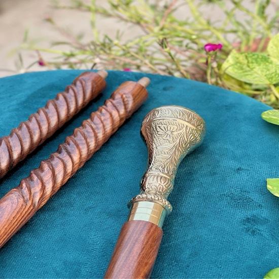 Engraved Flowers Walking Stick, 3 Foldable Solid Brass Cane for Men and Woman, Round Brass Handle, Victorian Cane, Dad Gift, Christmas Gift