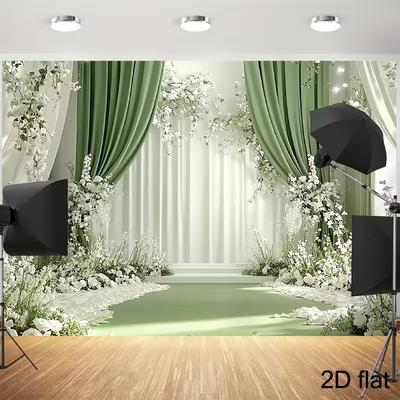 2D Elegant Green Curtain & White Flower Background for Wedding Photoshoot