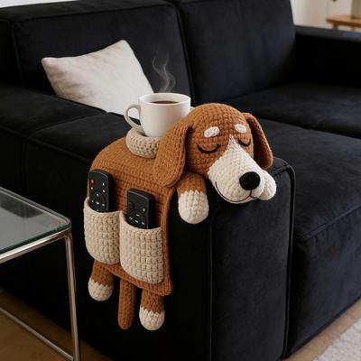 Sofa Storage Bag Soft Wool Dog Shape Hand Woven Wool Pillow with Built-in Cup Holder Winter Sofa Accessory