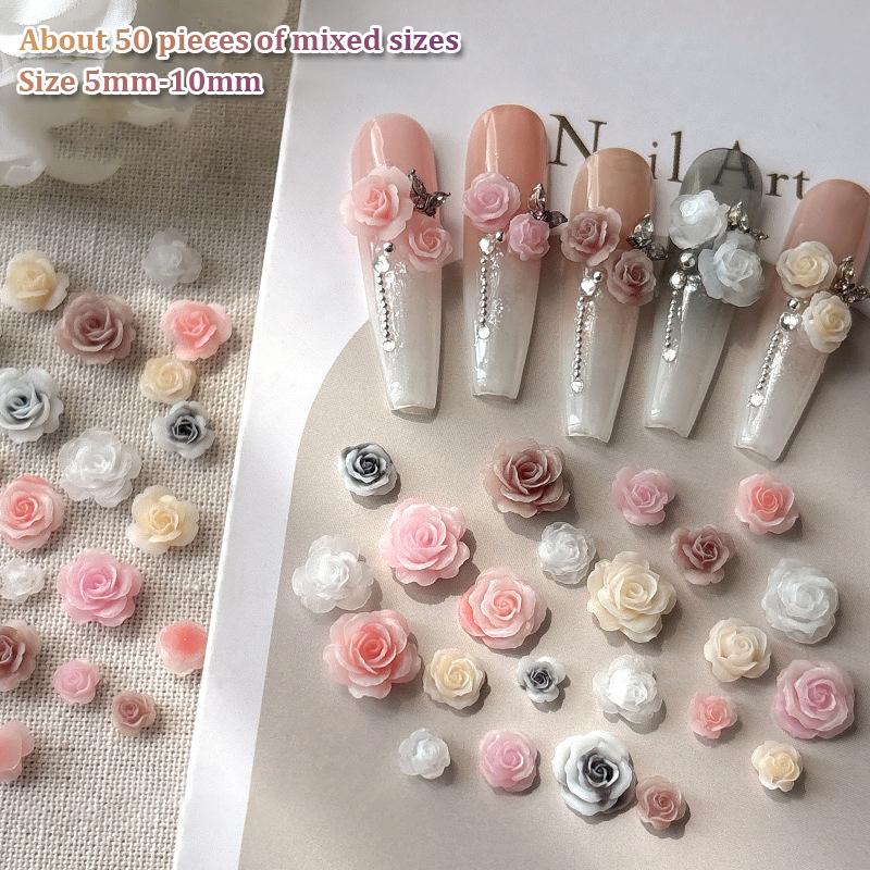 50Pcs Diy Nail Art Decor 3D Rosa Chinensis Flower Rose Flower Nail Drills Mixed Size Camellia Flower Nail Drill Manicure Design