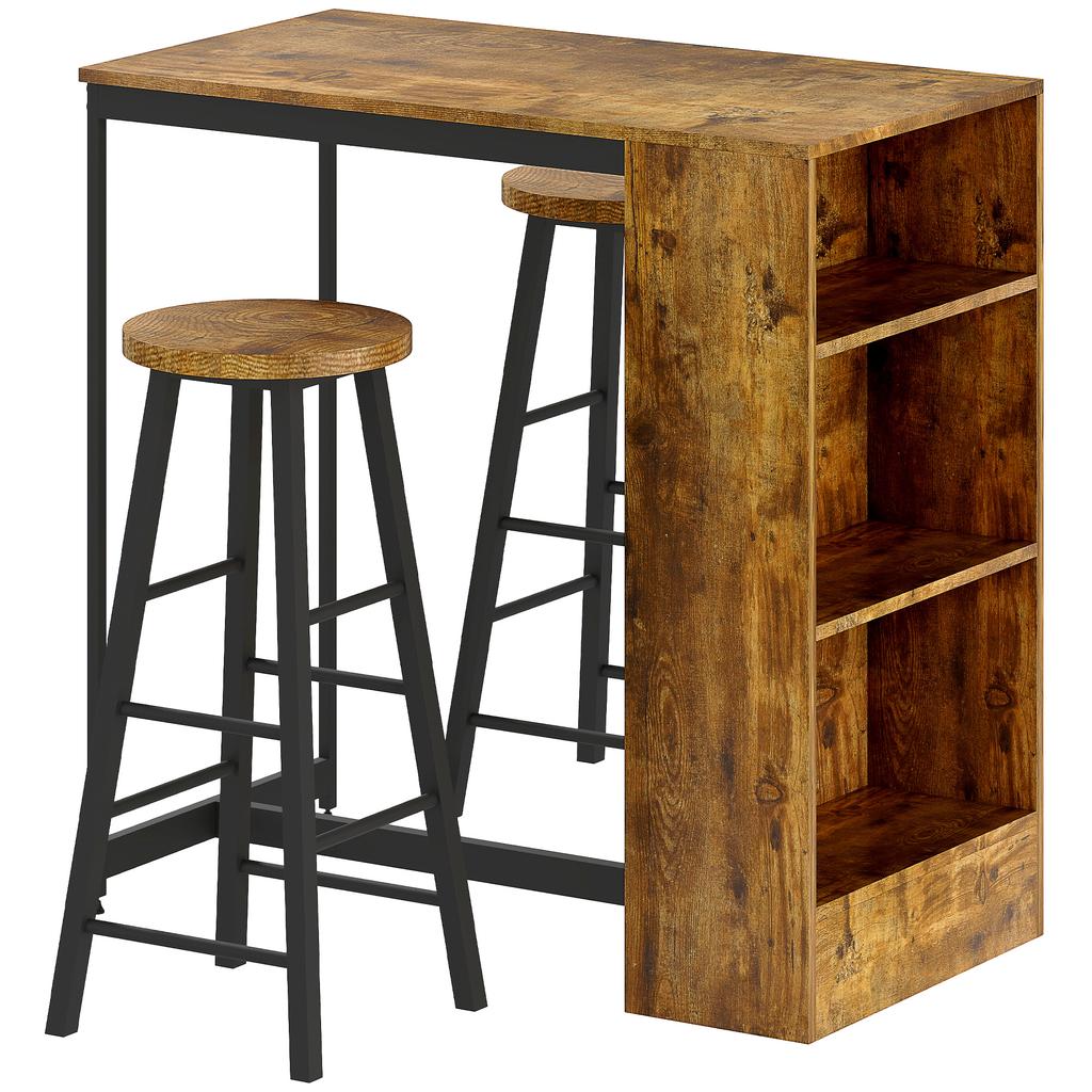 Industrial Bar Table Set for 2, 3 Pieces Pub Table and Bar Stools with Storage Shelf for Kitchen