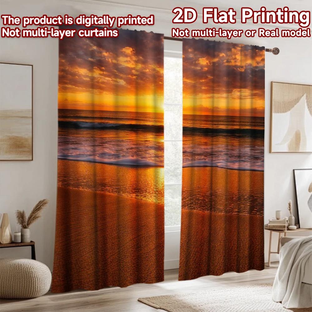 2D flat printing 2pcs Curtain Party Window Curtains Golden Beach Sunset Digital Printed Polyester Drapes Birthday Party Perfect