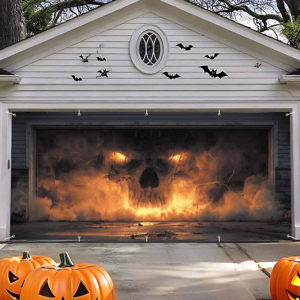 Halloweenový potah na garážová vrata s lebkou 7x16 stop, Dekorace na pozadí, Garážová vrata