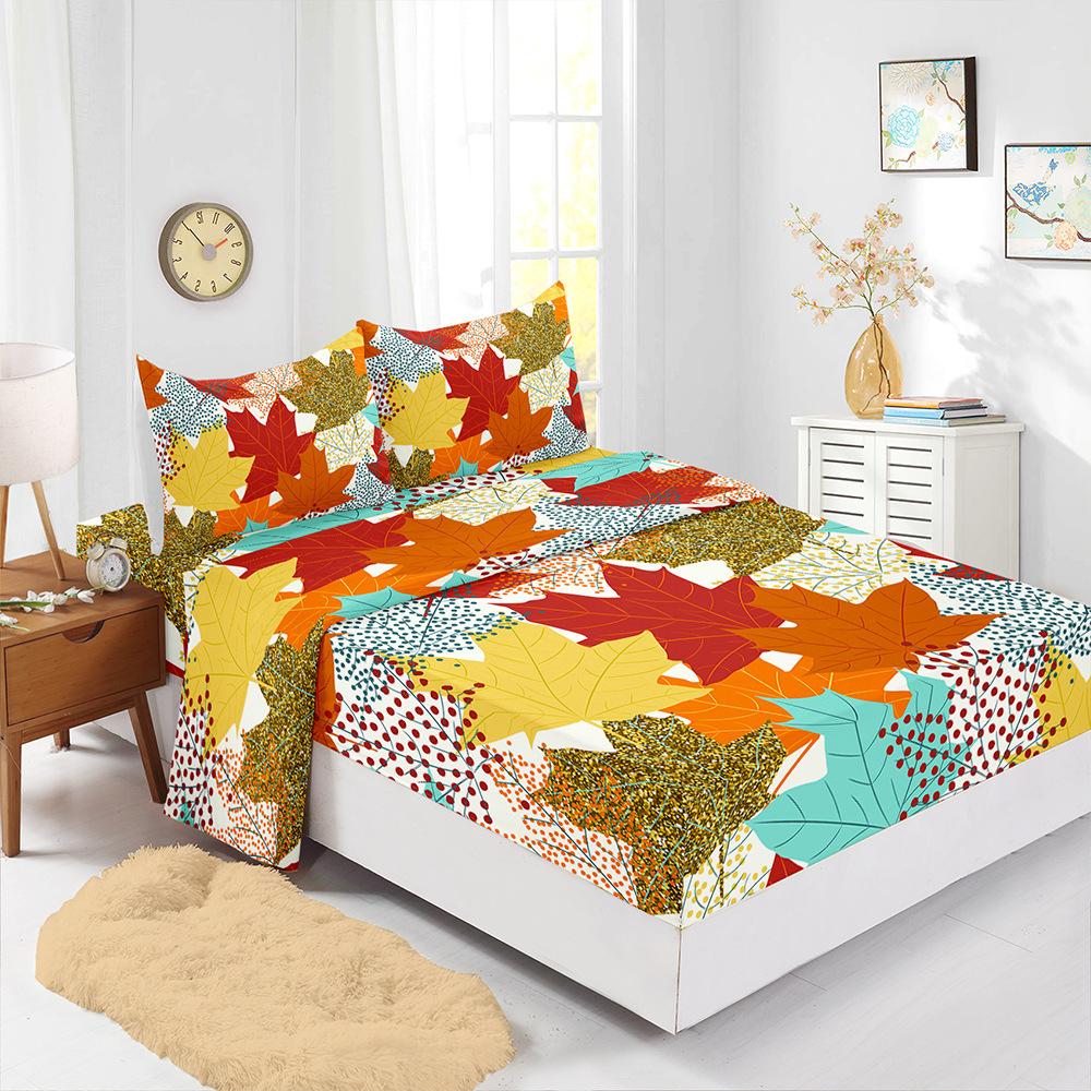 Four-Piece Mattress Set Autumn Deciduous Maple Leaf 3D Digital Printing Kit Mattress Protective Cover