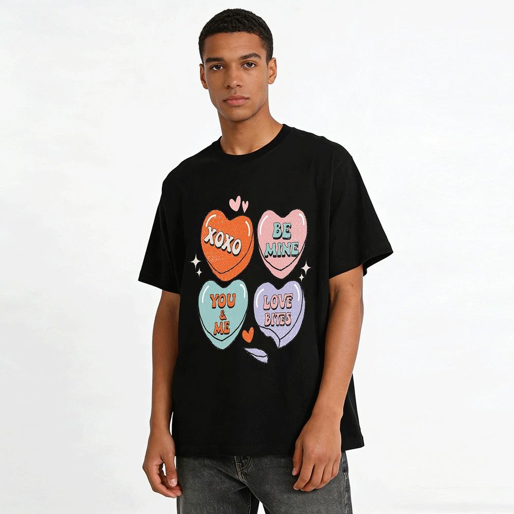 Retro Heart Candy Graphic Tee XOXO BE MINE Couple Casual Top Pure Cotton T-shirt