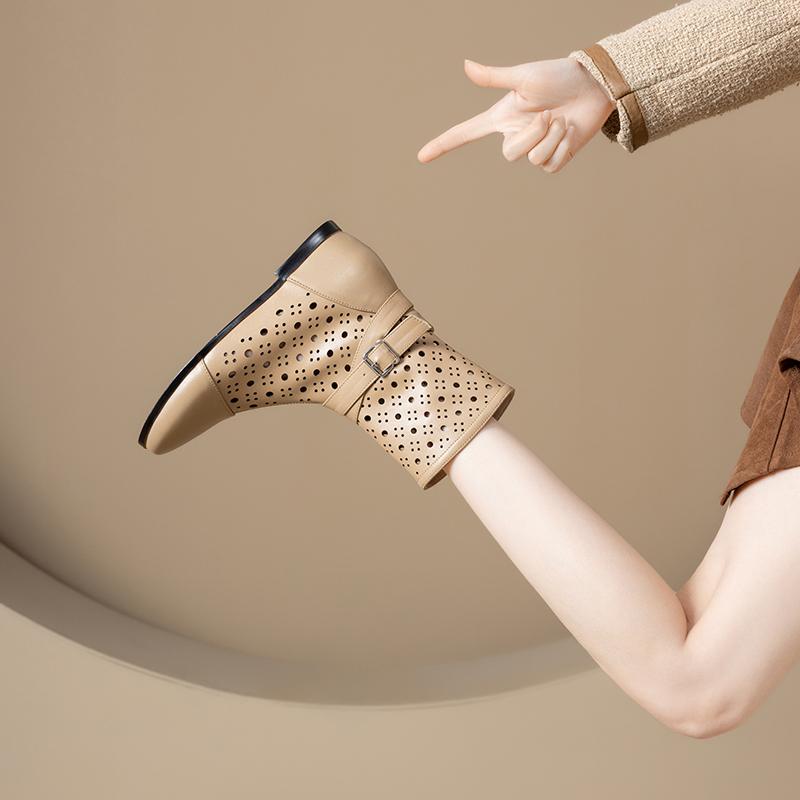 Fashion Women's new leather and cowhide round toe boots with spring and autumn height increase and calf mid heel plus size short boots