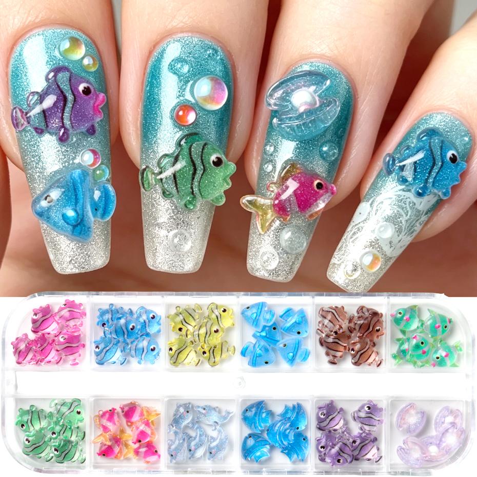 Xiaomi 12 Grids 3D Cute Fish Nail Charms Set Ocean Fish Resin Nail Art Decorations Dolphin Shell Nail Accessories Summer Beach Manicure