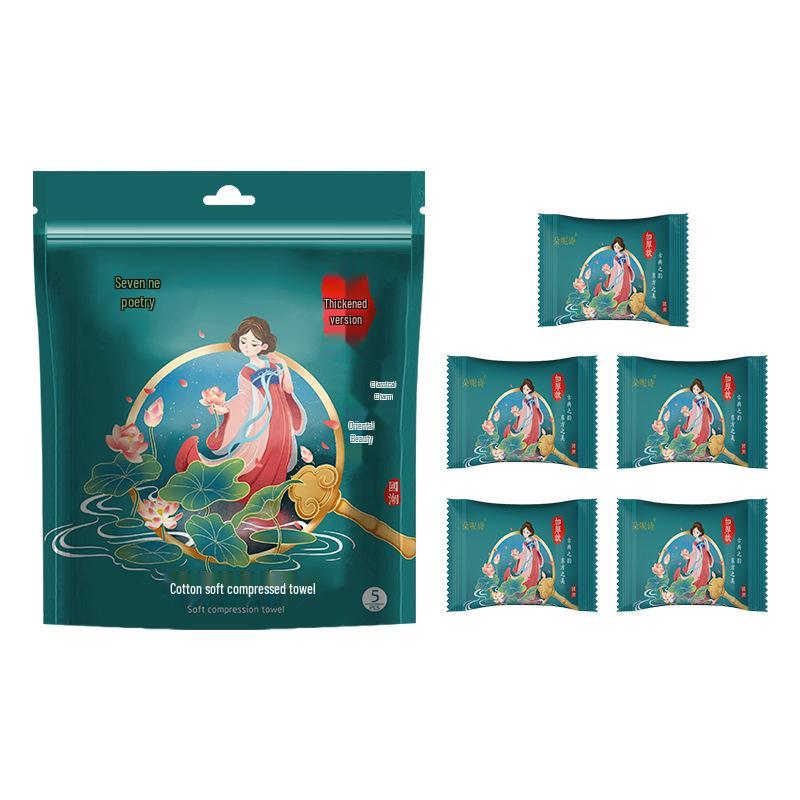 Verdickte Einweg-Kompressions-Reise-Gesichtstücher - 5-teiliges fusselfreies Baumwollset
