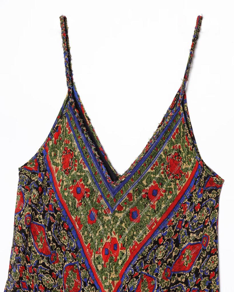 2025 Summer Retro Print V-neck Spaghetti Strap Midi Dress for Women