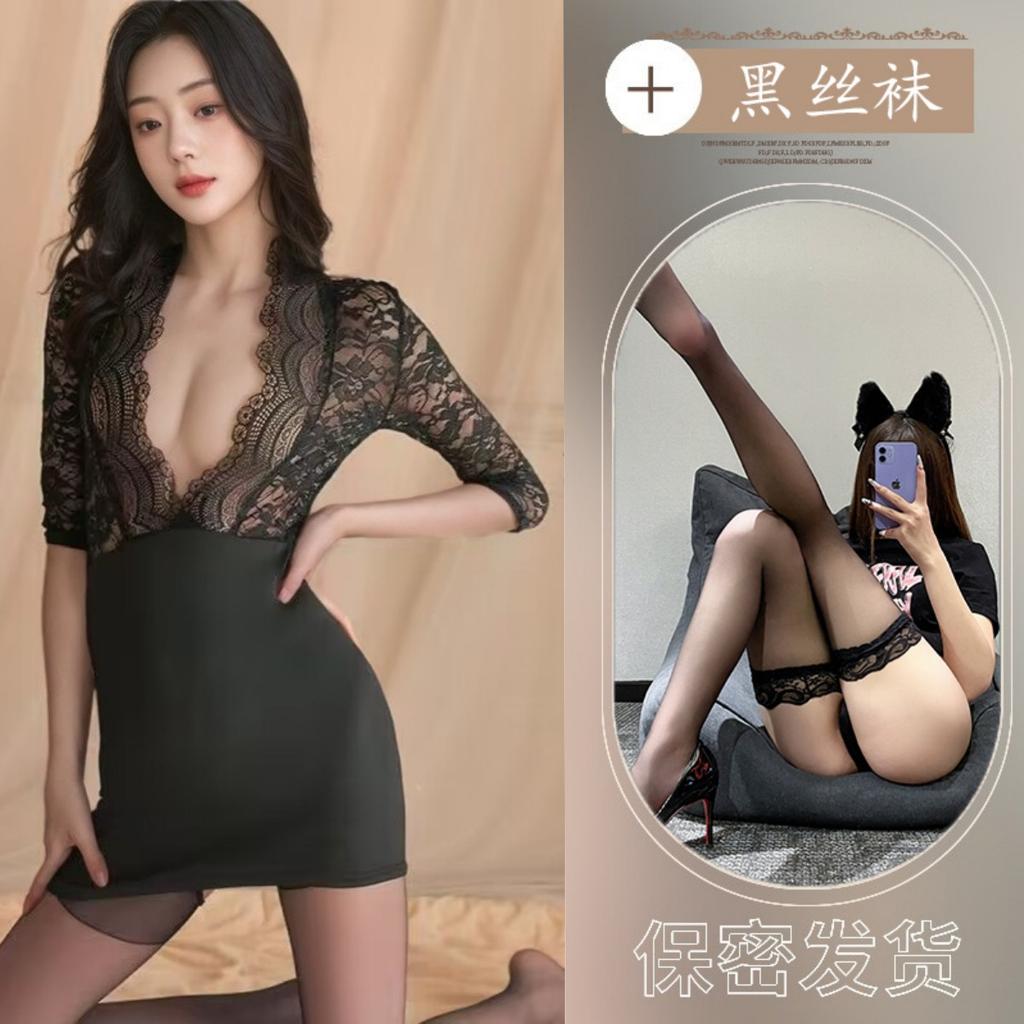 New sexy lingerie lace temptation perspective deep v ** hip skirt free large size pajamas women