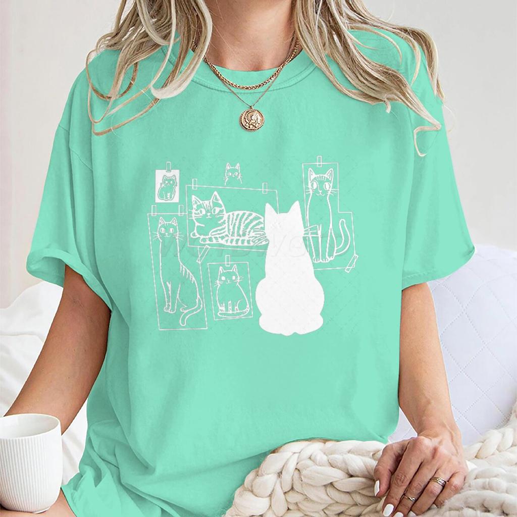 Funny Black Cat Gallery Print T Shirt for Women Cartoon Aesthetic Vintage Shirts Casual O-neck Tee Cat Lovers Gifts T-shirts