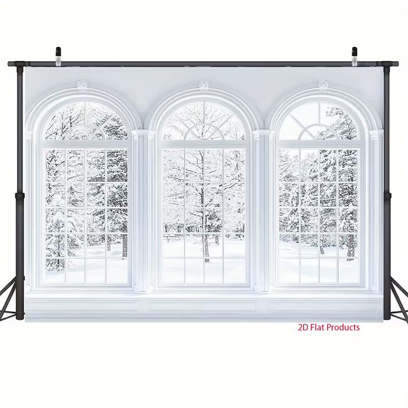 2D Bright Snowy Forest Scene Backdrop, Triple Arched Windows View Photography Background