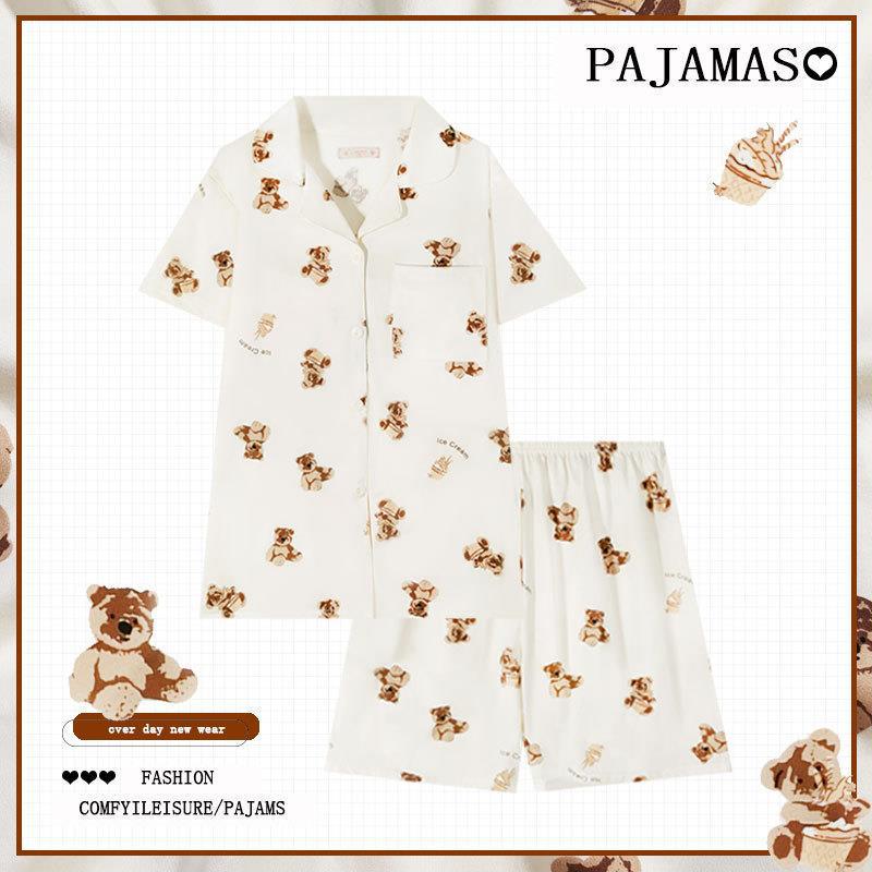 Summer Women's Japanese-Style Cute Teddy Bear Pajamas, Short-Sleeved Loose Cardigan, Casual Homewear Set.
