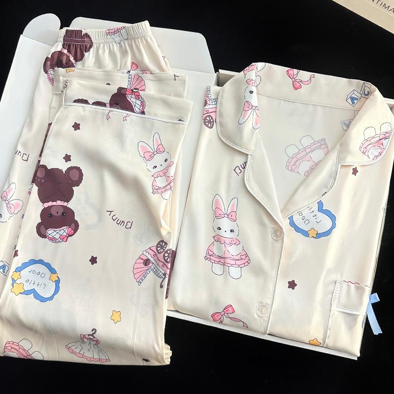 French Sweet Fairy Wind Cartoon Bear Pajamas Autumn Girl Spring And Autumn Long-Sleeved Loungewear Set M