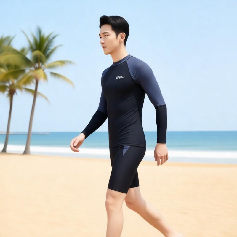 Mens Long Sleeve Rash Guard With Shorts UV Protection Quick Dry Swimwear Swimming Training