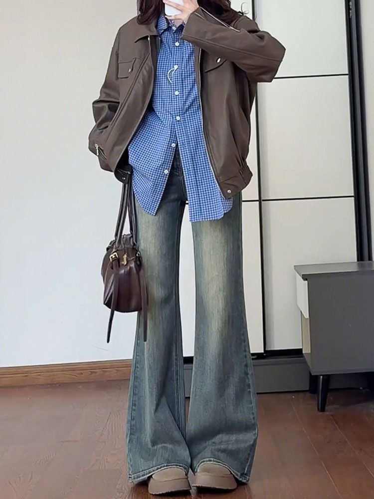 

Не облегающие ноги джинсы микро-клеш женские осенние ретро синие больших размеров для фигуры типа «груша», тонкие прямые расклешенные брюки, ретро уличный стиль, мешковатые джинсы для дам 4XL