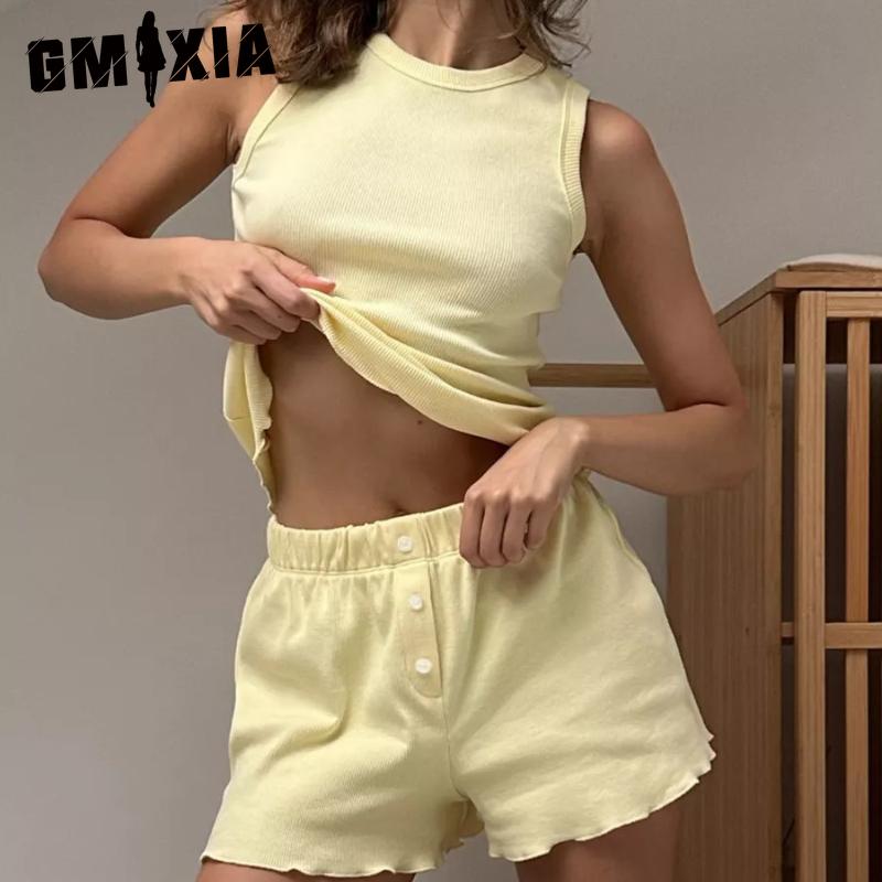 GMXIA Spring and Summer Pajamas Set Solid Colour Comfortable Vest Shorts Casual Loungewear Two-piece Set