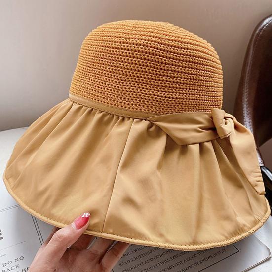 Sun Hat Large Brim Foldable Hollow Breathable Floppy UV Protection Bow Tie Decor Women Sunscreen Summer Hat Beach Cap for Outdoor