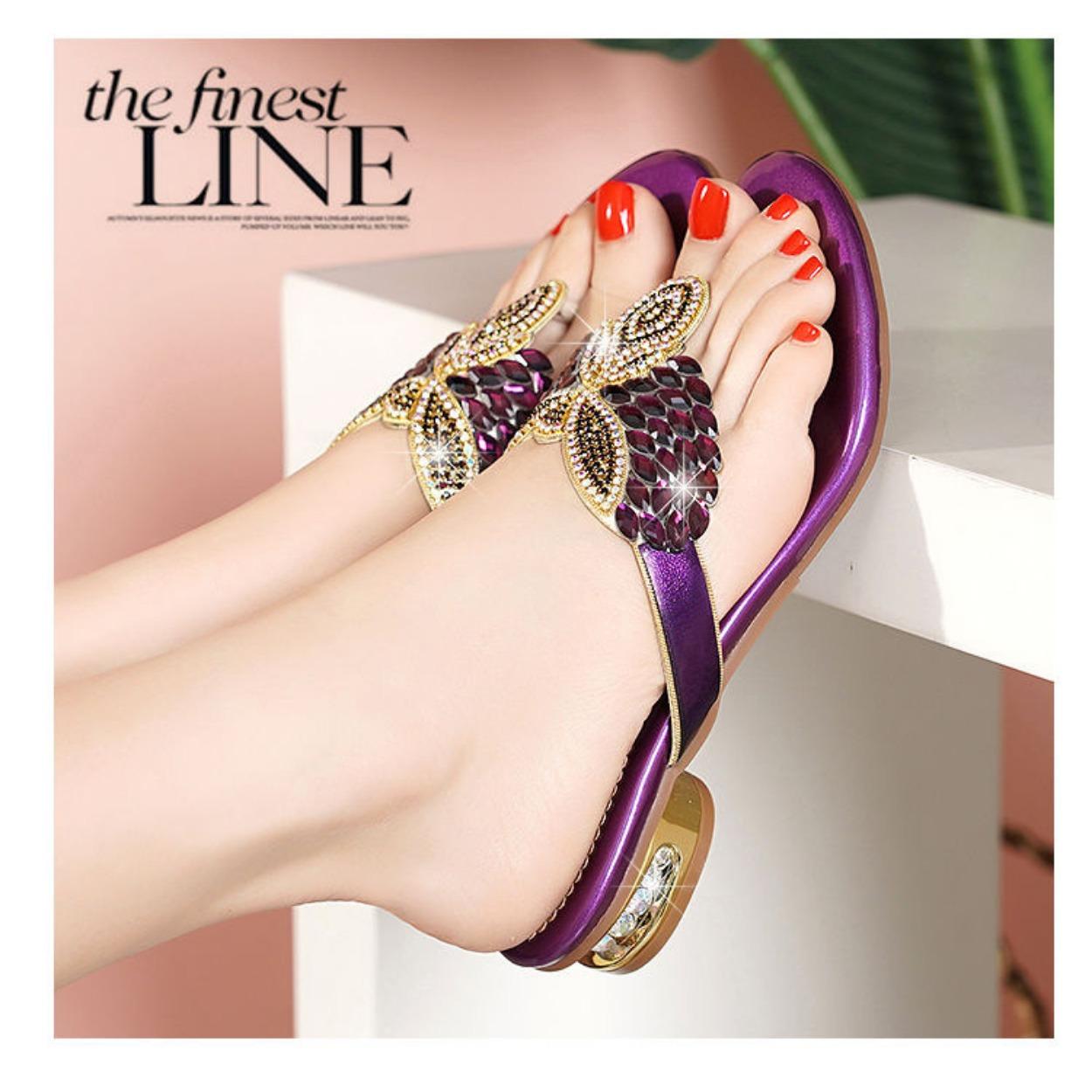 

Summer butterfly rhinestone slippers women wear flat beach shoes seaside vacation pinch sandals women s half tray 41