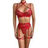 European and American Women’s Sexy Lingerie Set, Lace Eyelash Trim Sheer Cut-Out Halter Bra with Garter Belt, 4-Piece Erotic Intimate Wear