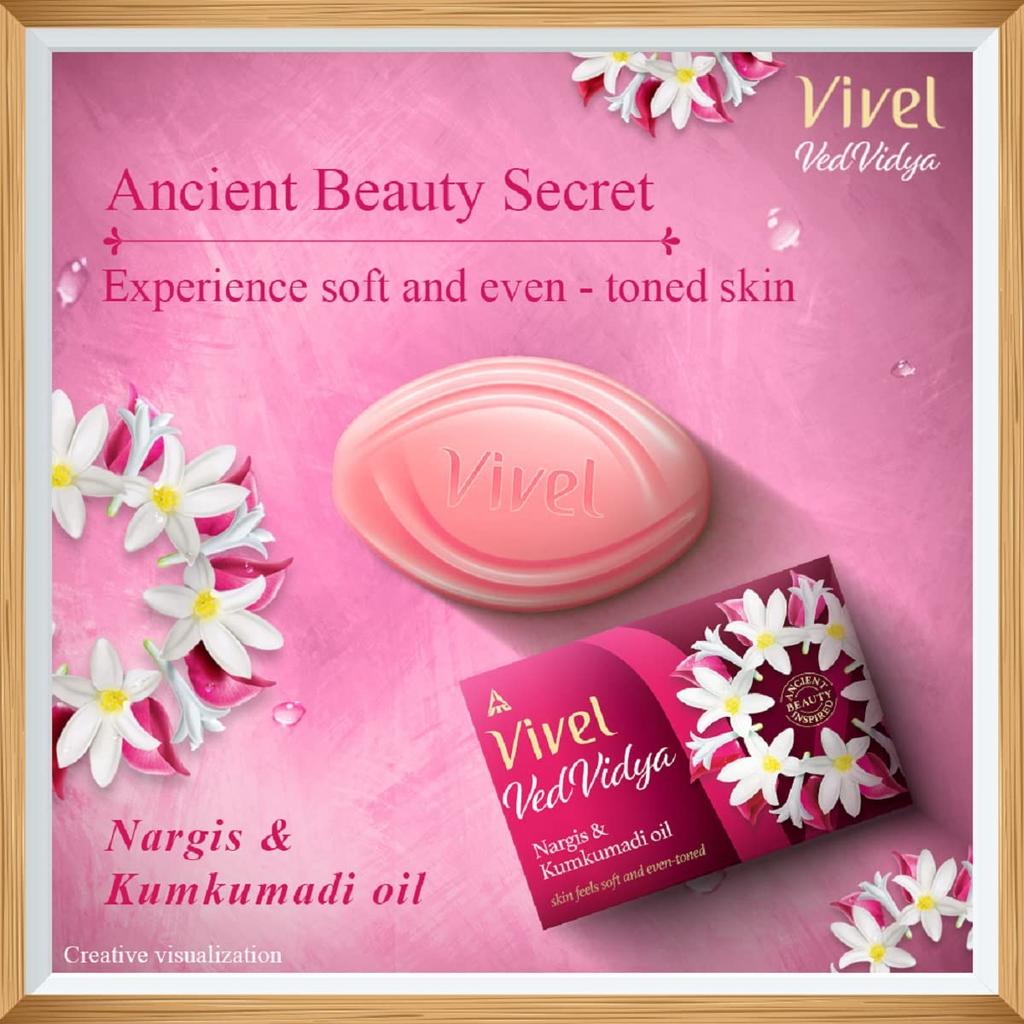 Vivel VedVidya Luxus-Packung mit 3 Hautpflegeseifen für weiche, gleichmäßig getönte, klare, strahlende und strahlende Haut, geeignet für alle Hauttypen, 100 g Packung mit 3 Stück