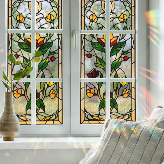 Vintage Window Privacy Film Geometric Stained Glass Flower Decorative Frosted Static Cling Reusable UV Sun Blocking Glass Sticker