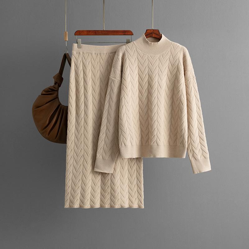 Autumn and winter new jacquard semi-turtleneck long-sleeved knitted sweater pullover + skirt two-piece set
