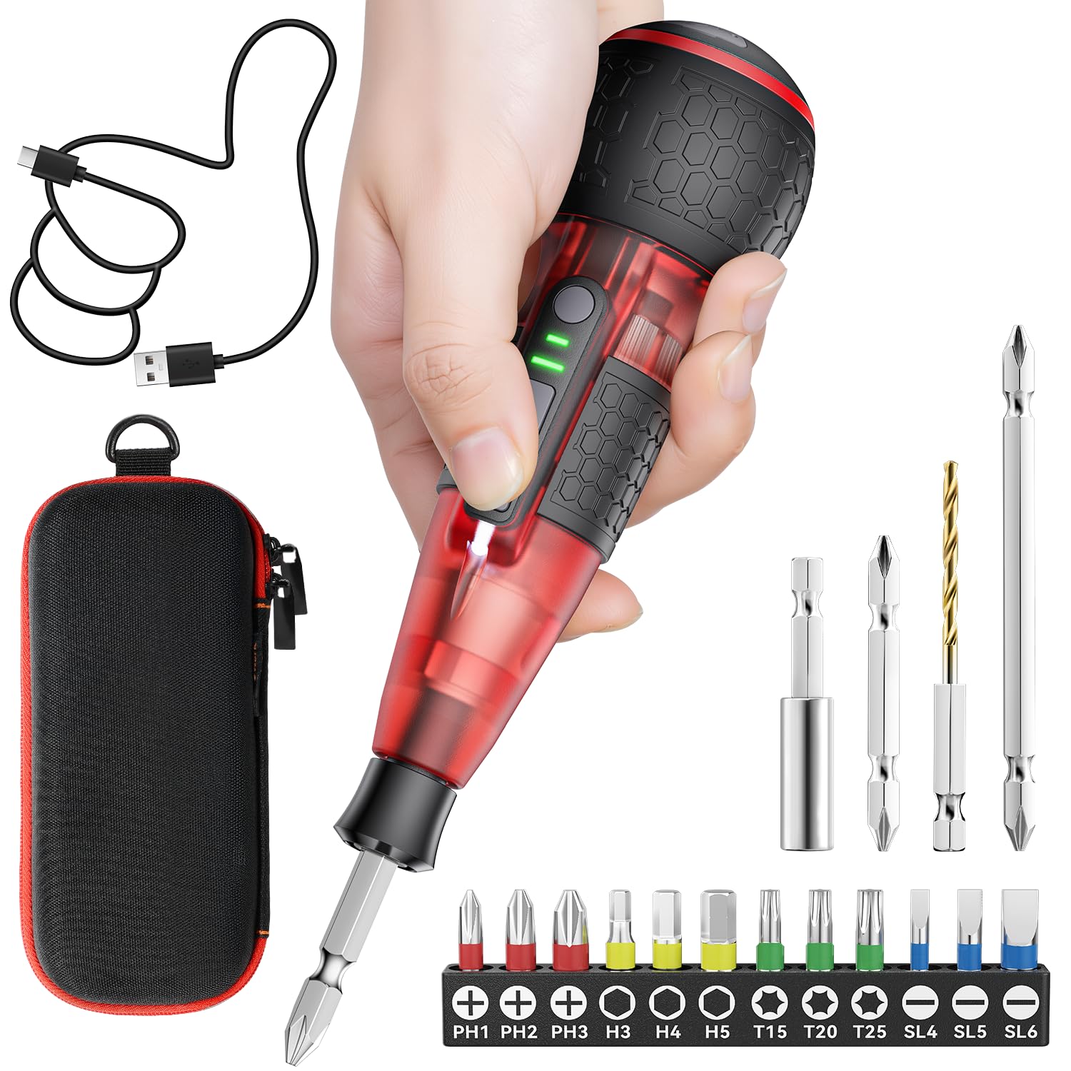 

Yacooda Compact Electric Screwdriver Visible Electric Screwdriver with Bit Storage Case LED Easy to Suitable for Women and Clear Red [Traditional