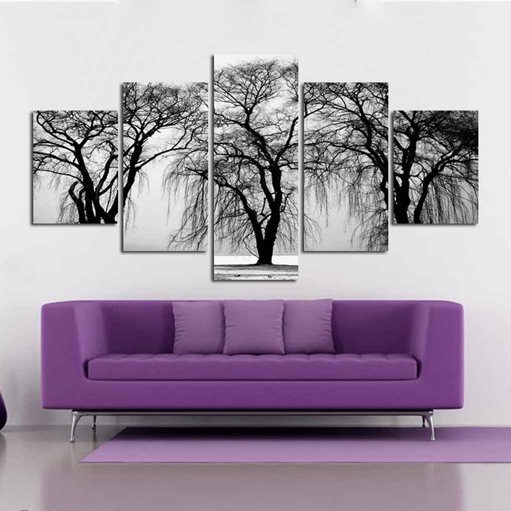 5 Panels Withered Tree Painting On Polyester Grey Background Wall Art Home Decoration for Living Room Bedroom