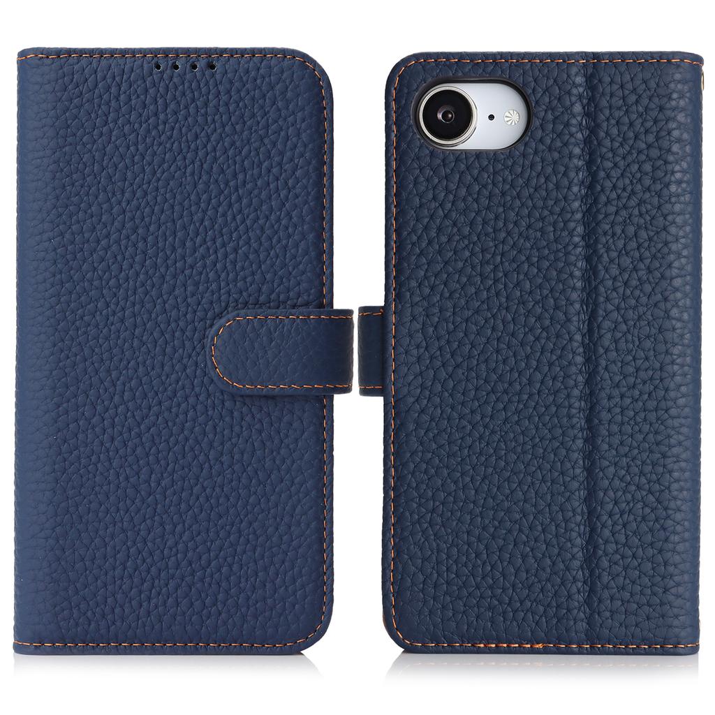 For iPhone 16e Stand Case Litchi Texture Genuine Cow Leather Wallet Phone Cover RFID Blocking