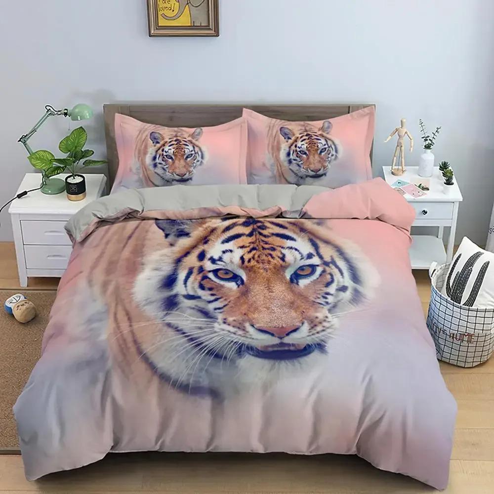 Tiger Duvet Cover Set King Size Wild Theme Bedding Set Animal Pattern Comforter Cover Animal Theme Sunset Polyester Quilt Cover