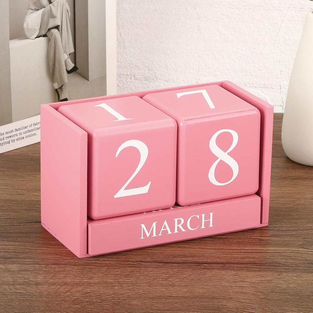 PATIKIL Vintage Wood Block Perpetual Calendar, Reble Wooden Month Date Display Blocks for Desk Office Home Decoration 6.1", Red