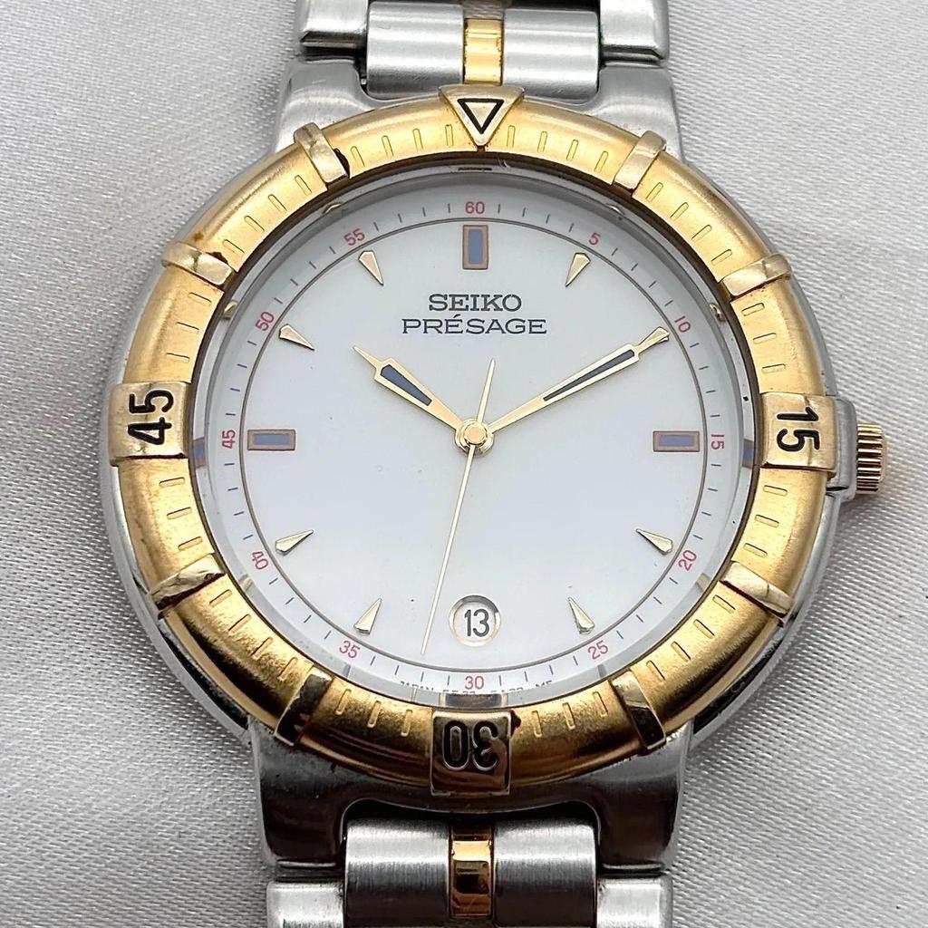 Used Working item Working item Seiko SEIKO PRESAGE Watch Men's Quartz 5E32-6A00 Combi Color White Dial Date Antique Vintage Round 0635