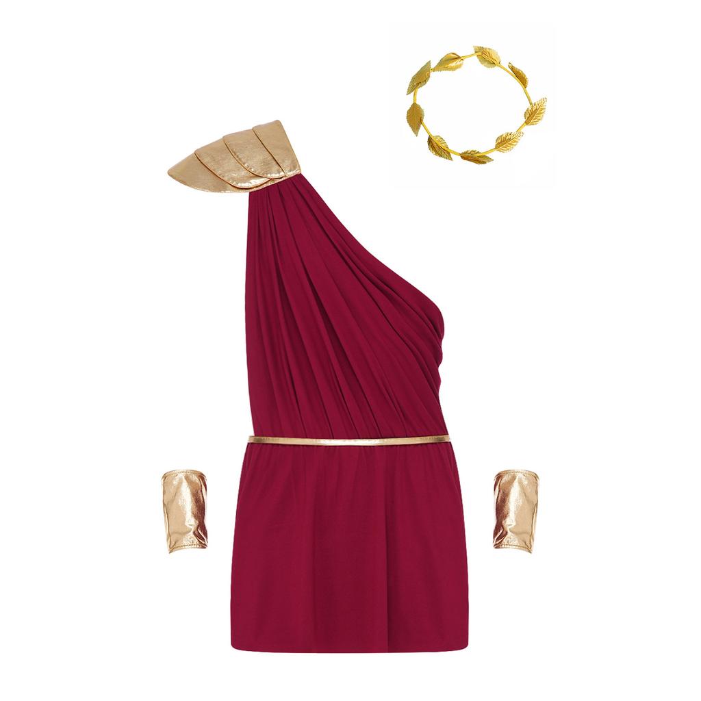 Men One Shoulder Greek Costume Toga Jumpsuit with Tiered Epaulet Elastic Waist Detachable Belt Cuffs Leaf Wreath for Stage Performance Cosplay