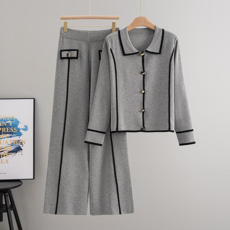 European-American High-End Fashion Knitted Sweater Cardigan & Wide-Leg Pants Set for Women - Fall/Winter Collection
