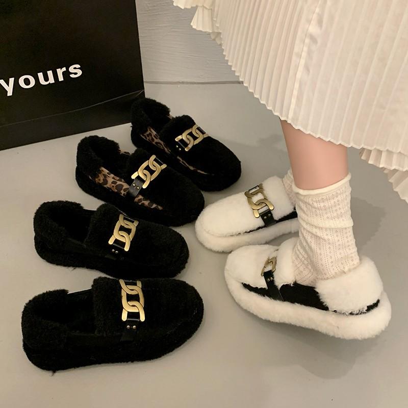 Fashion Women's Leopard Print Autumn Casual Shoes Round Toe Thick Sole Slip-on Loafers Fur Autumn New Outdoor Walking Shoes Slip-on 2024