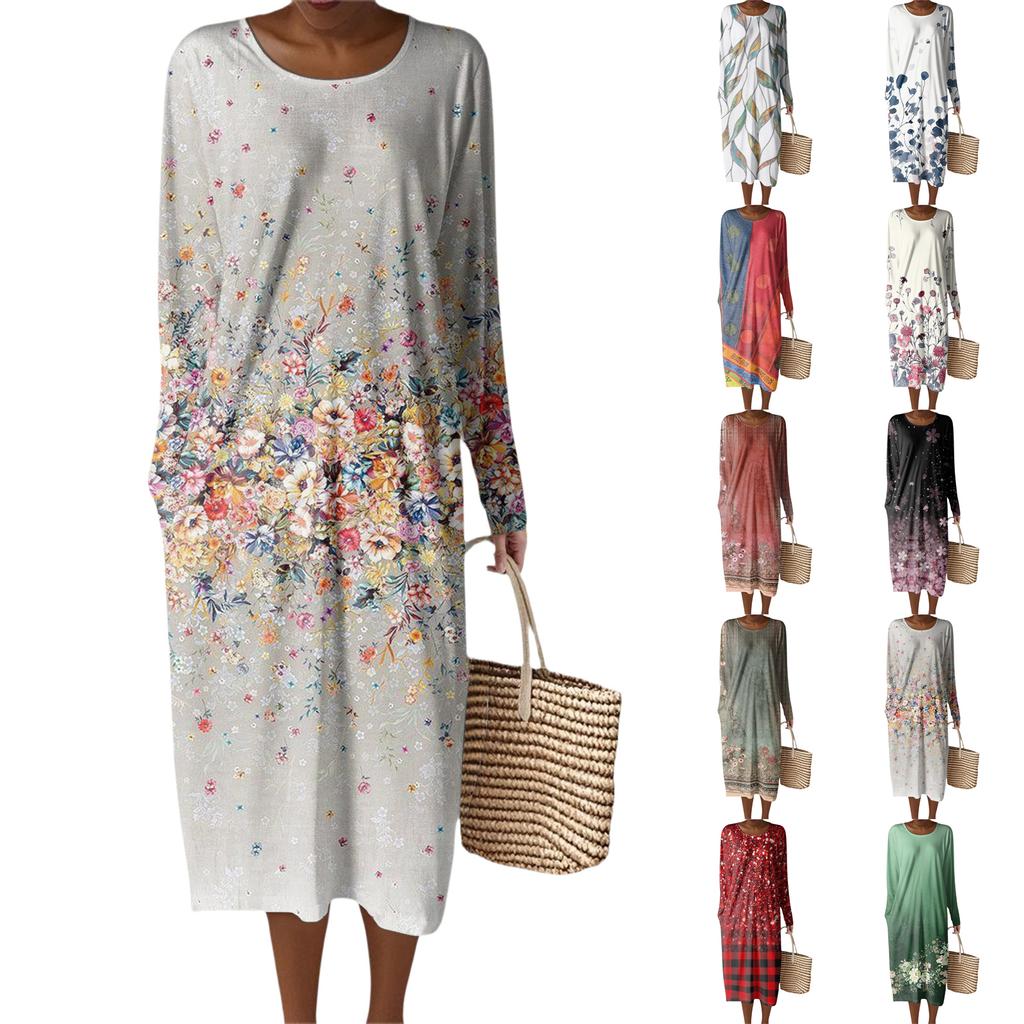 Women's Fashion Casual Long Sleeve Retro Floral Print Round Neck Pocket Elegant Temperament Dress