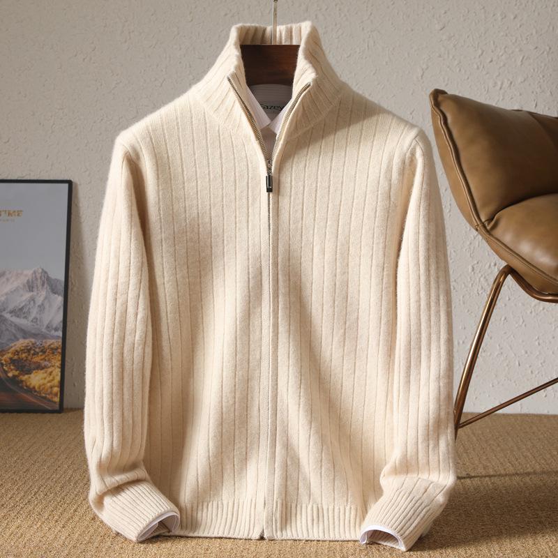 Herren Cardigan 100% Reine Wolle mit Reißverschluss: Herbst/Winter Schlank geschnittener Pullover mit vertikalem Rippstrick und Reverskragen.