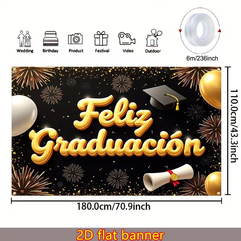 Fondo 2D Feliz Graduación Negro Dorado para Sesión de Fotos de Retratos de Graduación en Español
