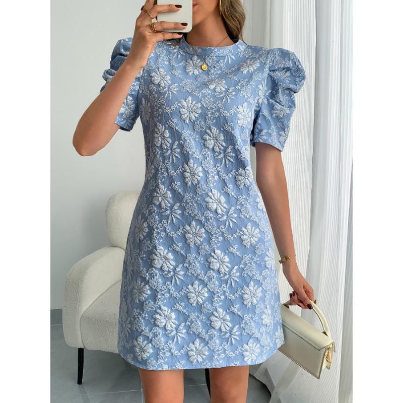 

Женские летние новые платья с рукавами-пузырями, текстурированным жаккардом, круглым вырезом, в винтажном стиле, однотонные M