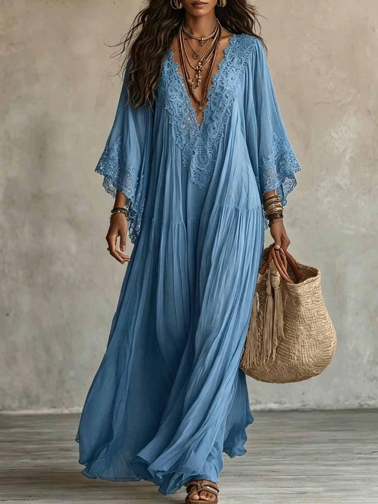 Bohemian Lace Patchwork Chiffon Dress - Western Style Hot Item