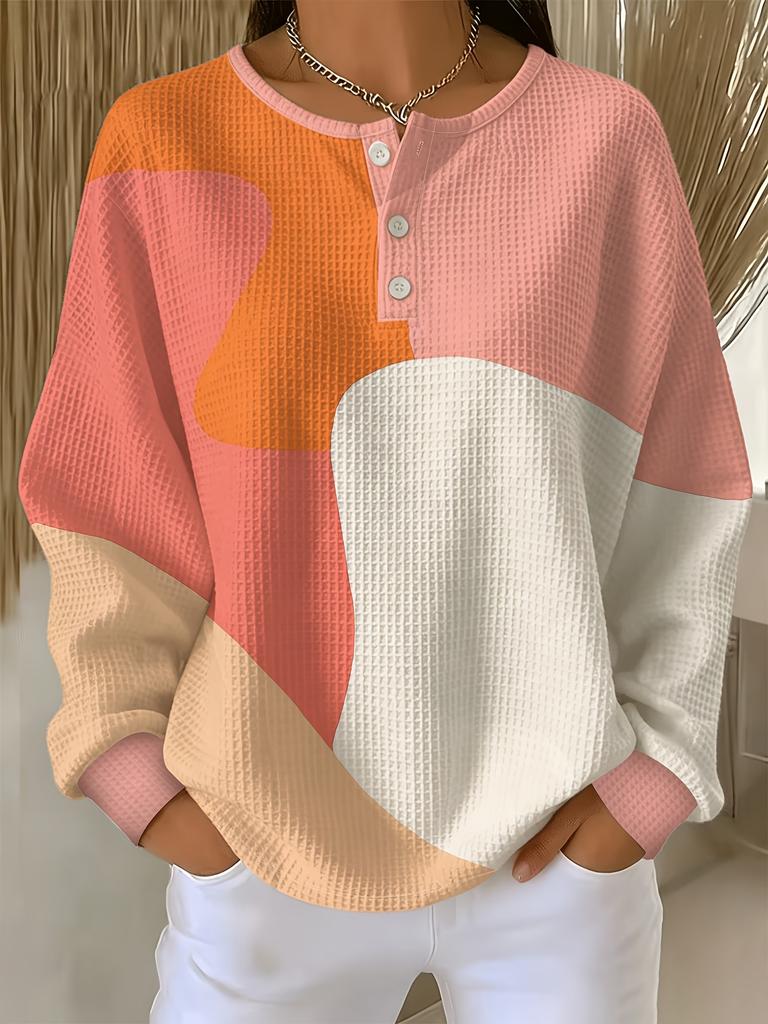 Women's waffle long sleeved T-shirt, made of soft, skin friendly, breathable fabric, comfortable, casual, versatile and stylish