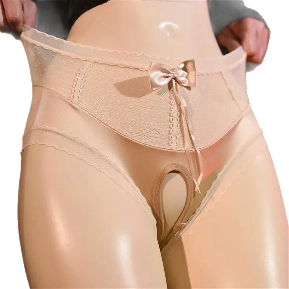 Women'S Lace Patchwork Panties Sexy Open Crotch Sheer See Through Briefs Bowknot Fashion Woman Lingeries Female Underwear