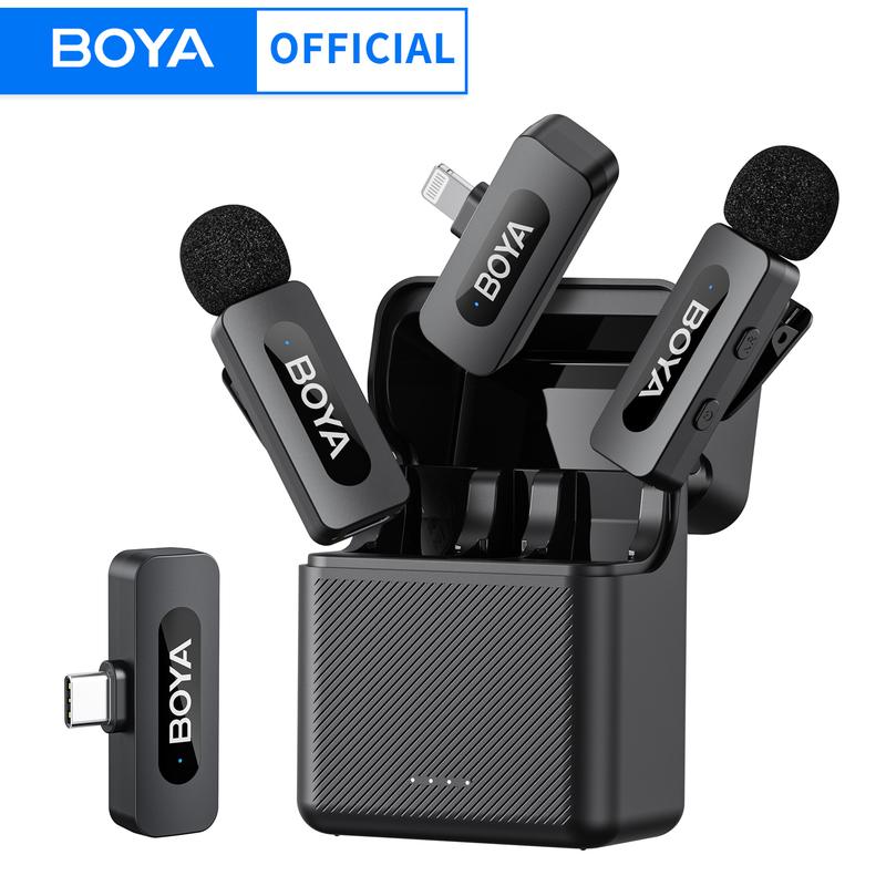 Microfono lavalier wireless BOYA BY-V3 con clip, microfono ricaricabile con cancellazione del rumore per iPhone, Android, fotocamera, live streaming, vlogging