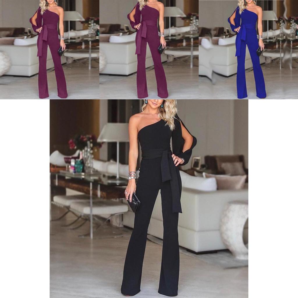 Elegant Women Tied Waist Flared Jumpsuits Fashion One Shoulder Sexy Rompers For Effortless Style