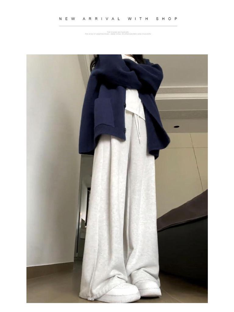 2024 Damen Weiß-Grau Hochtailliert Locker Weitbein Lässige Schlankmachende Jogginghose