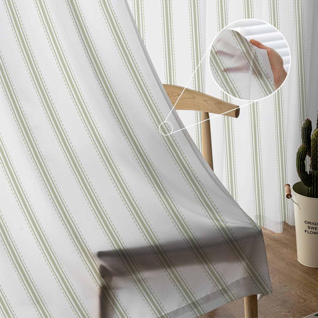 Striped Sage Green Sheer Curtains for Kids Bedroom Living Room Voile Window Curtains Tulle Drapes