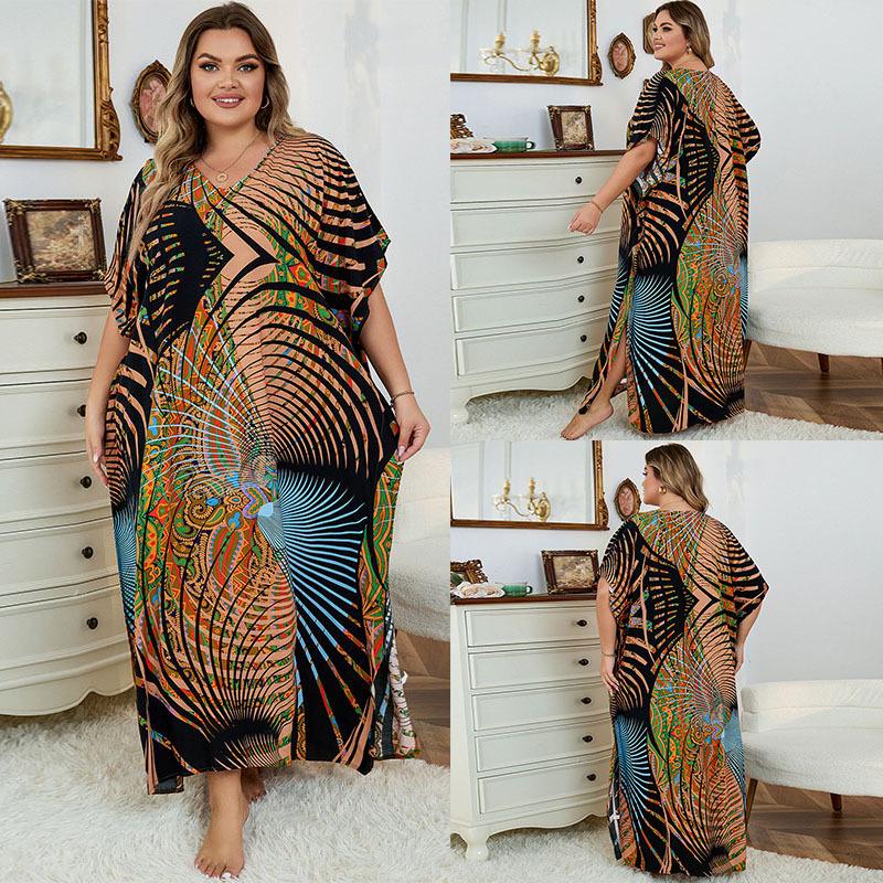 European-American Rayon Print Plus Size Beach Cover-Up Dress & Long Robe